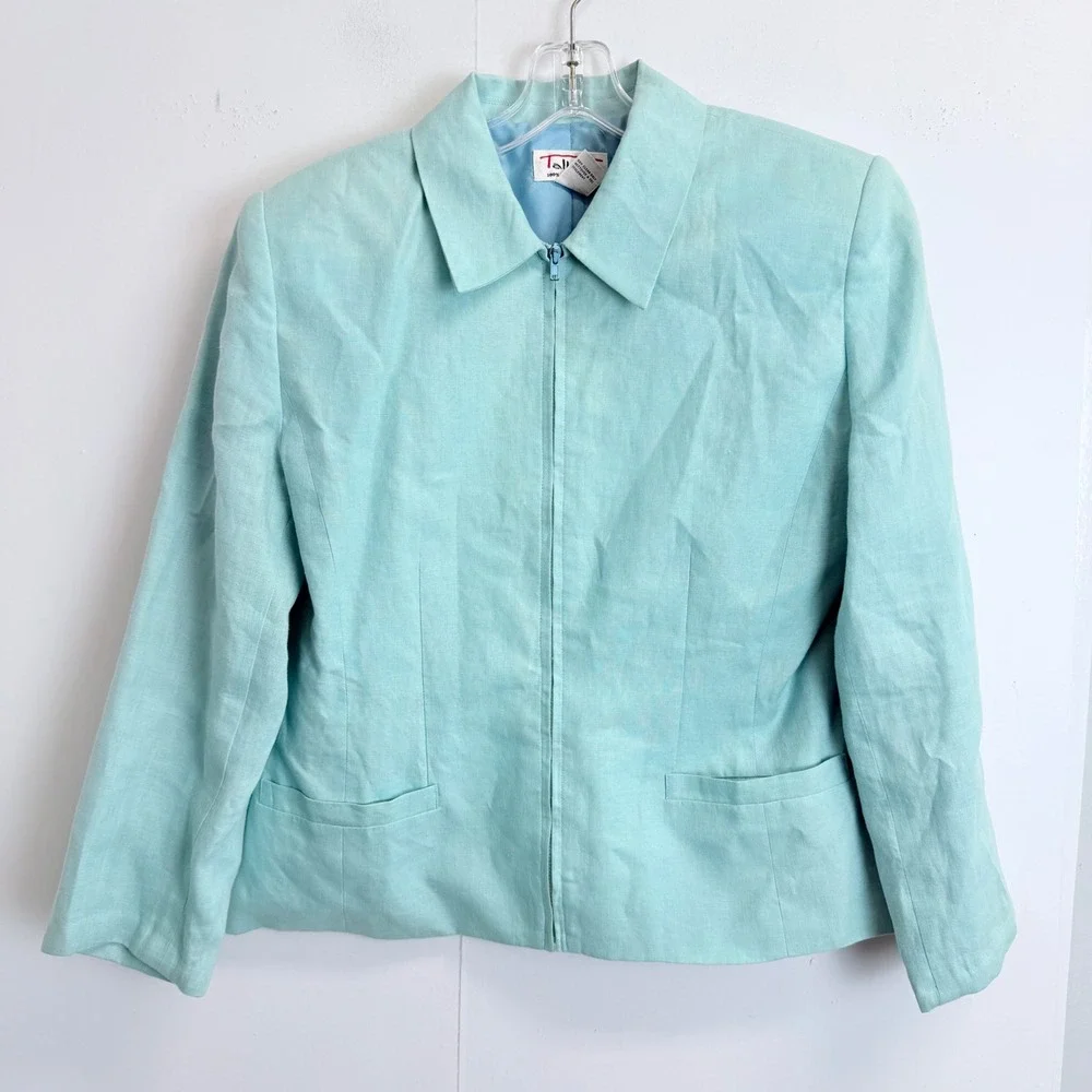 Talbots Vintage 100% Irish Linen‎ 2 Piece Pant Suit Light Blue Zip Jacket Size 8